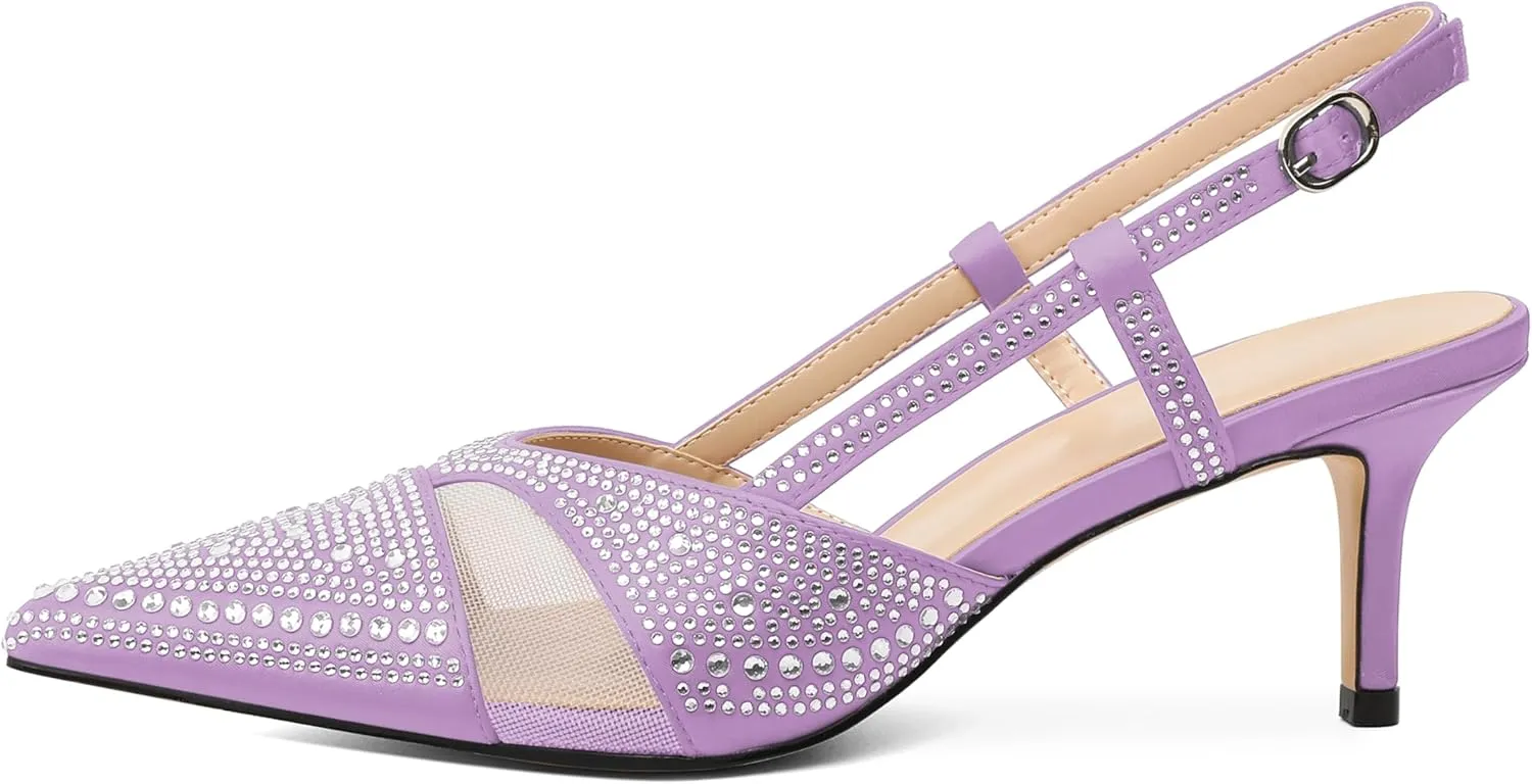 AUMOTED Women Low Heel Pumps Slingback Heels Elegant Pointed Toe 2.5 Inch Heels with Rhinestone Dressy Pumps