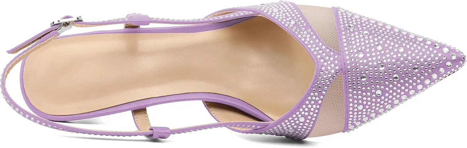 AUMOTED Women Low Heel Pumps Slingback Heels Elegant Pointed Toe 2.5 Inch Heels with Rhinestone Dressy Pumps