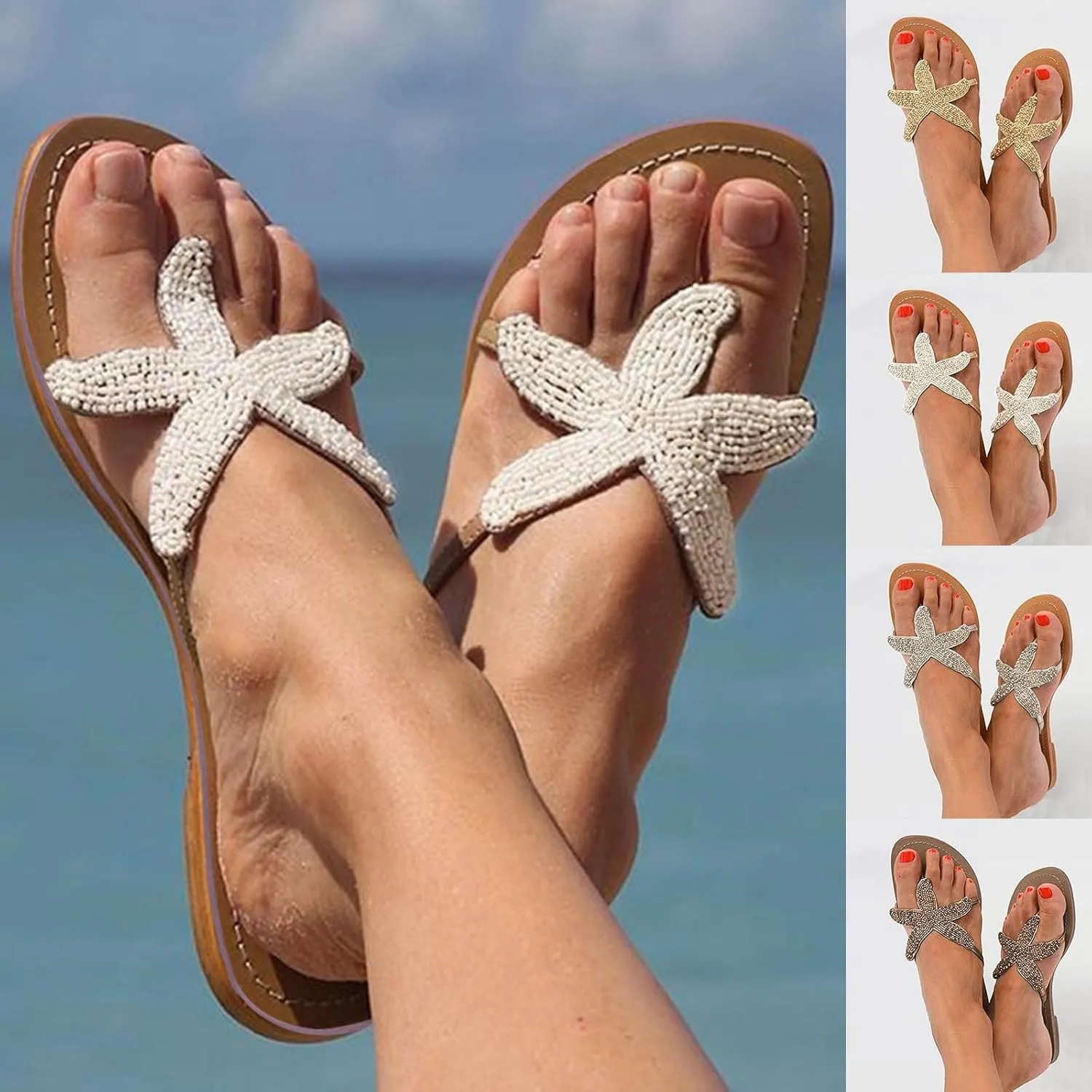 Beach Sandals Woman 2025 Women's Cute Starfish Flat Sandal Open Toe Slide Fashion Slip-on Slides Dressy Comfortable Bohemian Flats Summer Thong Flip Flops