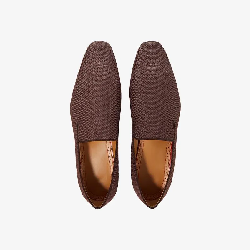 Brown Fabric Slip On Loafers Calf