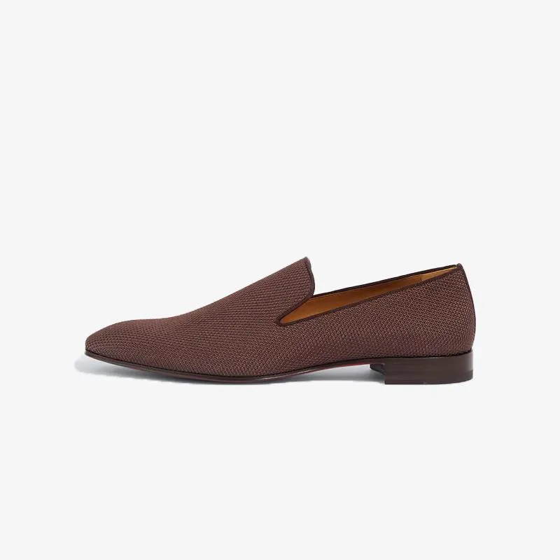 Brown Fabric Slip On Loafers Calf