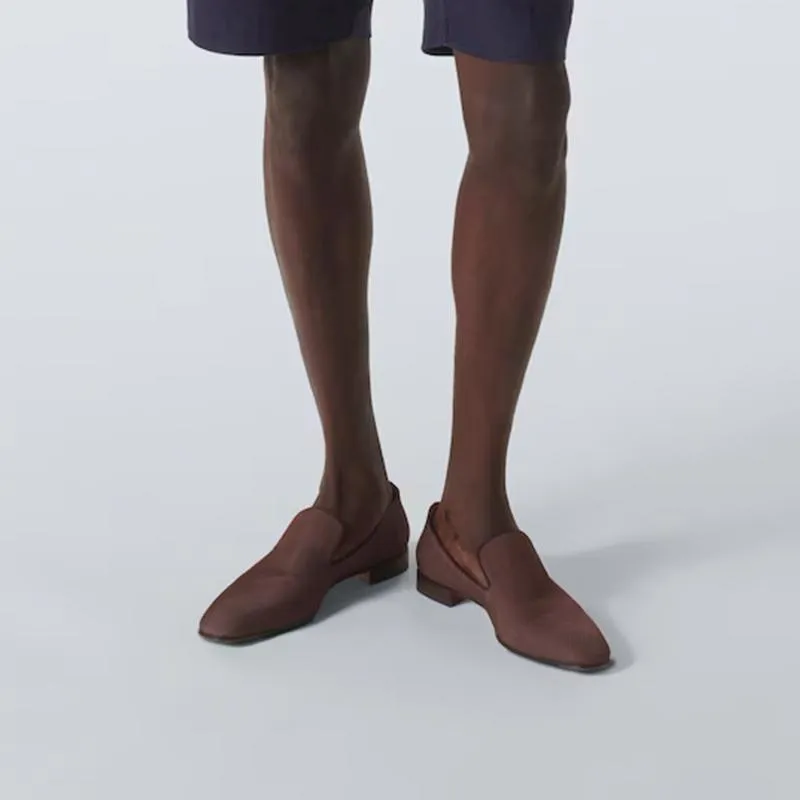 Brown Fabric Slip On Loafers Calf