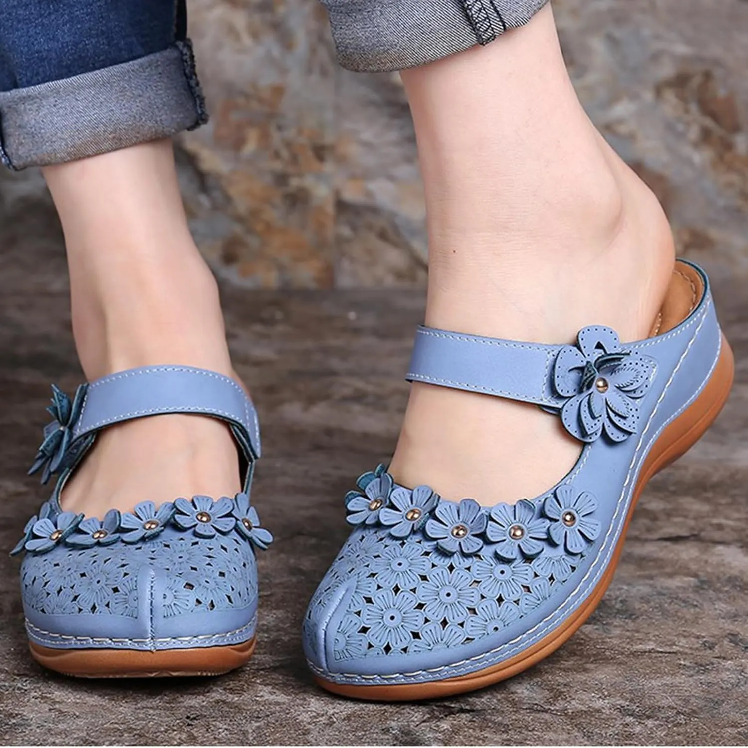 Clogs for Women Mules Shoes Comfortable Dressy Summer Closed Toe Wedge Sandals Fashion Hook and Loop Fastener Slipper Backless Low Wedge Slip On Shoes