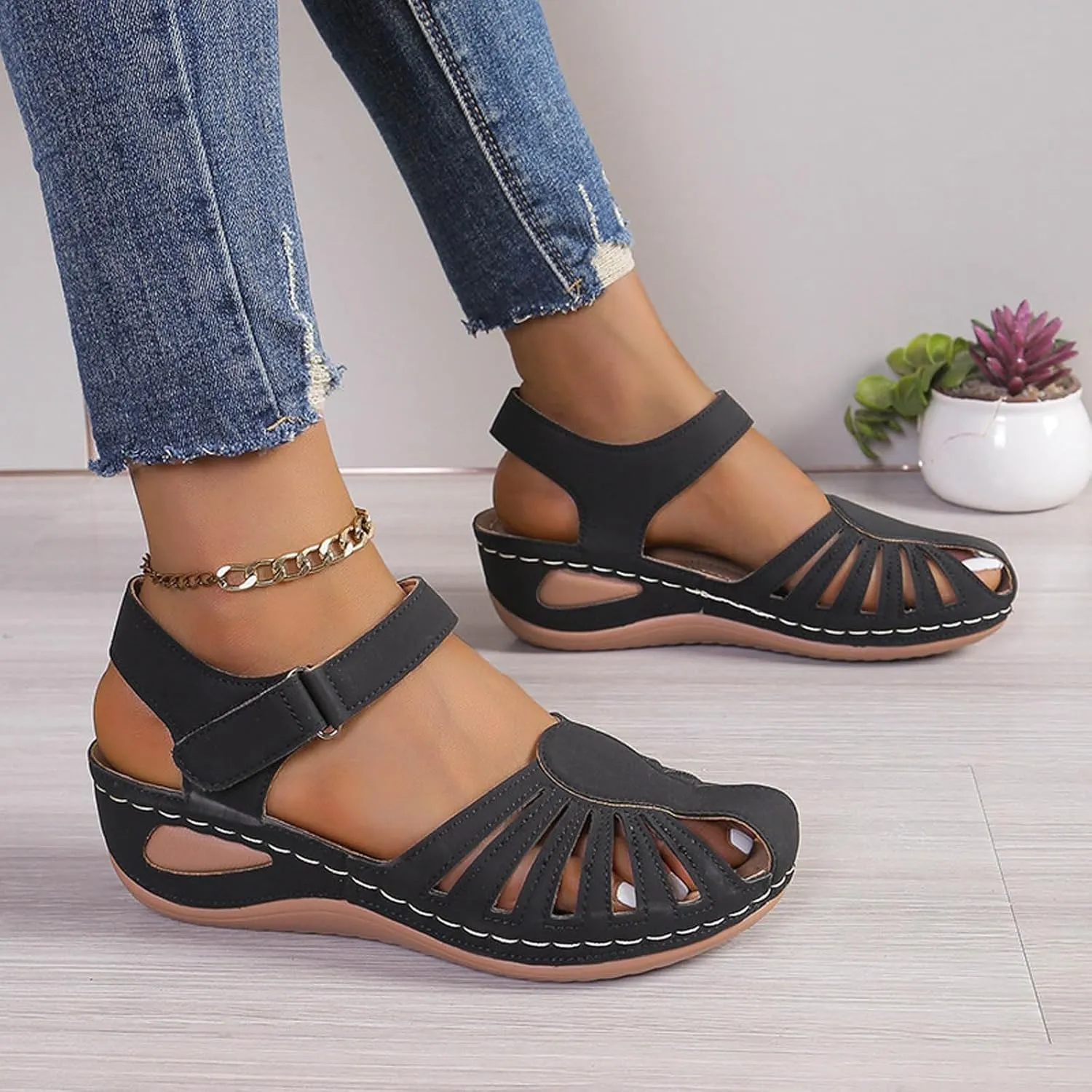 Closed Toe Sandals for Women 2025 Dressy Summer Comfortable Platform Wedges Ankle Strap Slip On Sandals with Arch Support Casual Hollow Out Sandal Dress Shoes