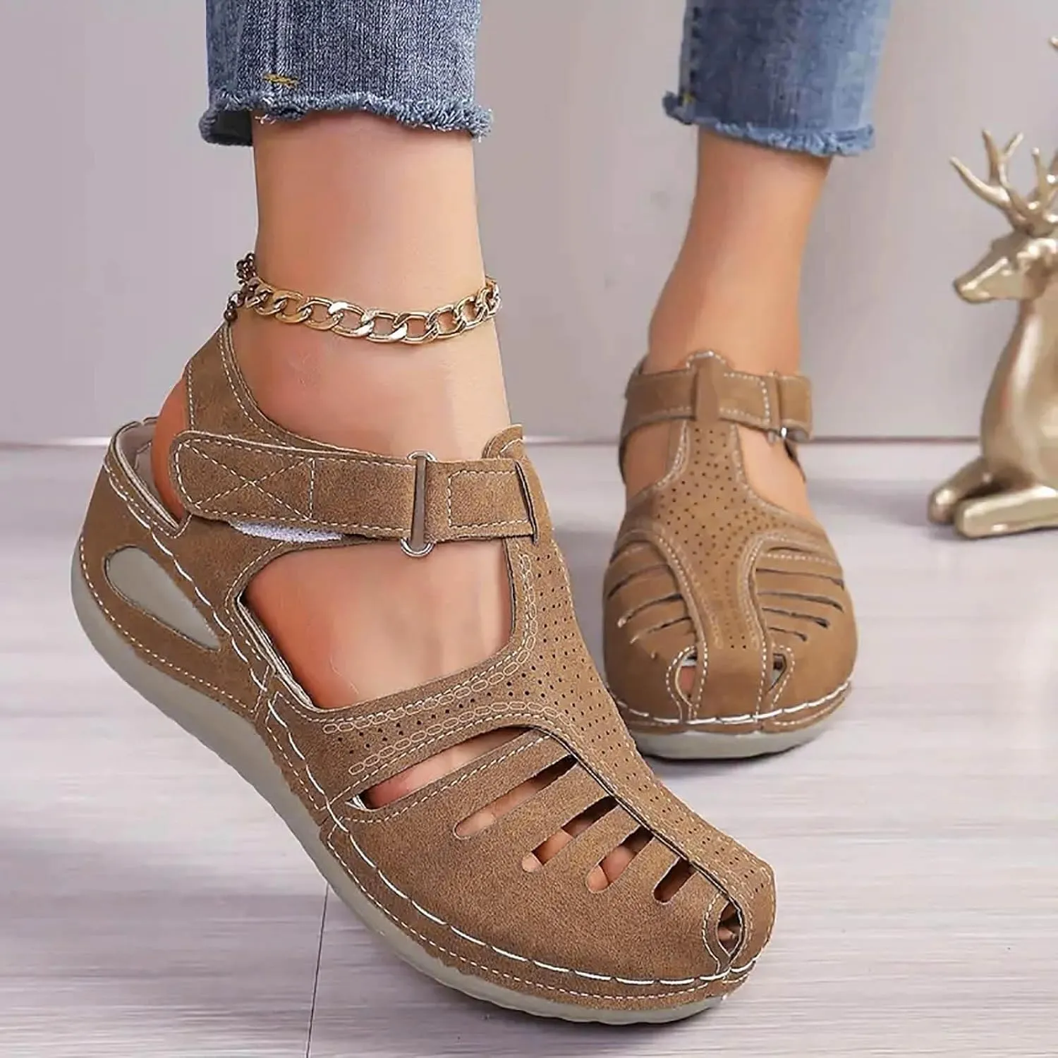 Closed Toe Wedge Sandals for Women Dressy Summer Comfortable Platform Wedges Ankle Strap Wide Width Walking Sandals Arch Support Casual Hollow Out Sandal Dress Shoes