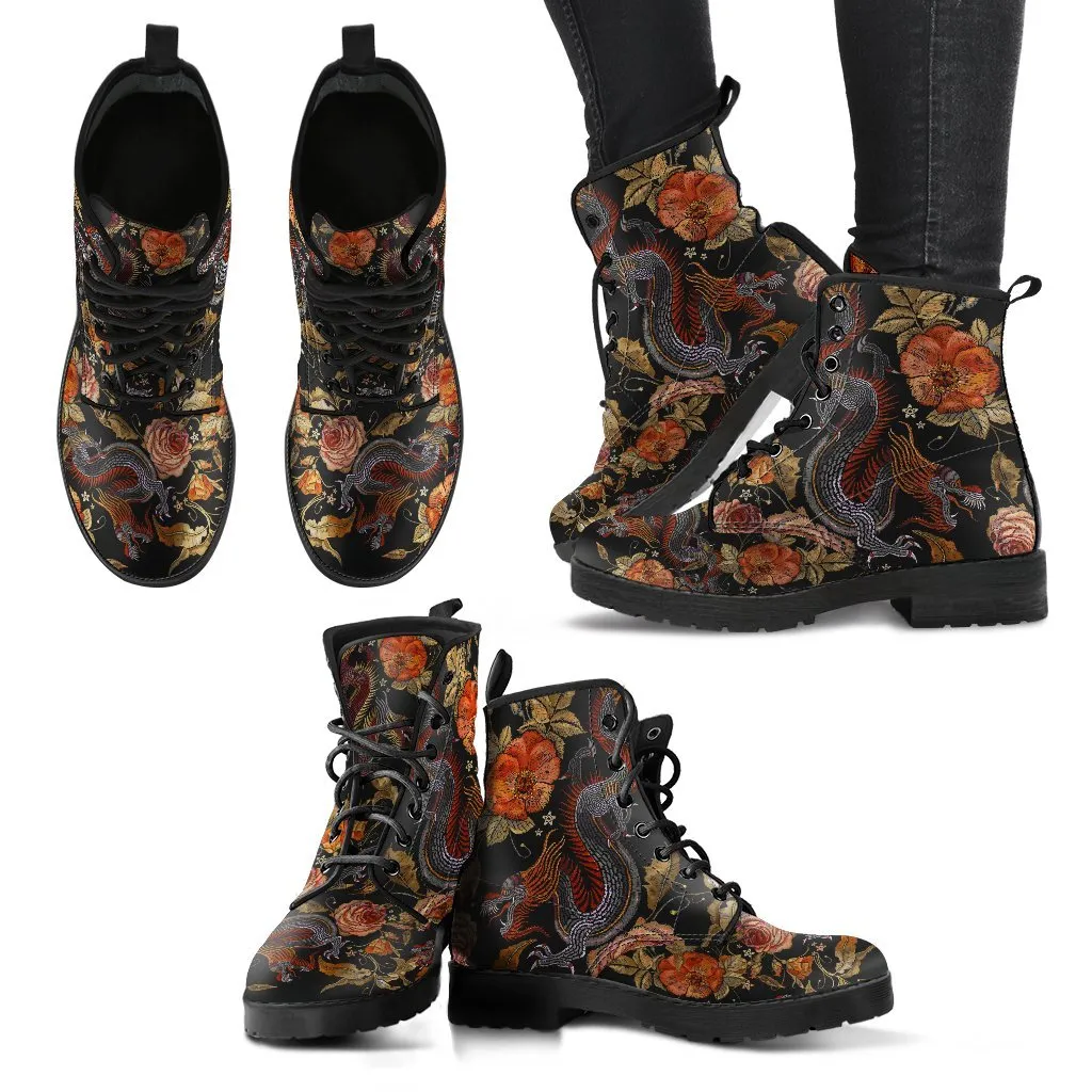 Combat Boots - Dragon & Flowers | Boho Shoes, Handmade Lace Up Boots, Vegan Leather Lace Up Boots, 90s Boots, 2000s Boots
