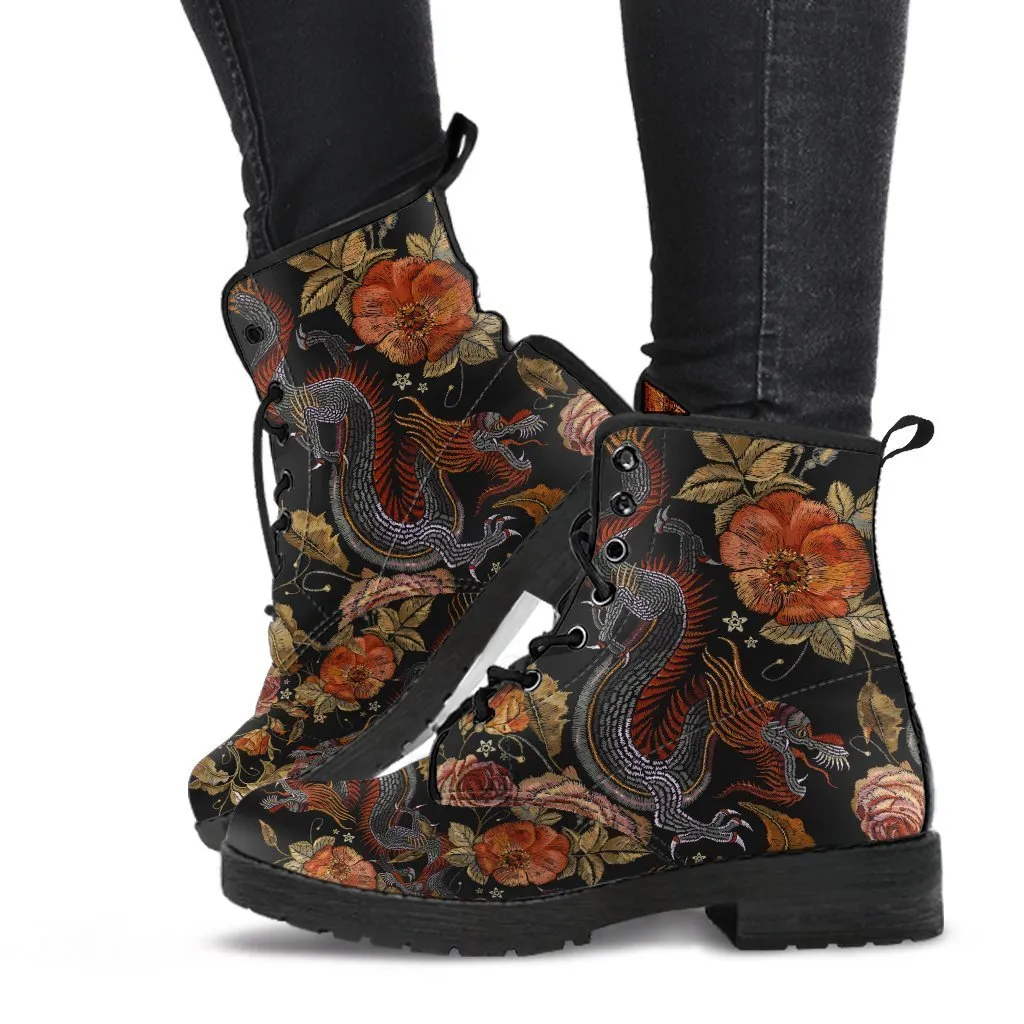Combat Boots - Dragon & Flowers | Boho Shoes, Handmade Lace Up Boots, Vegan Leather Lace Up Boots, 90s Boots, 2000s Boots