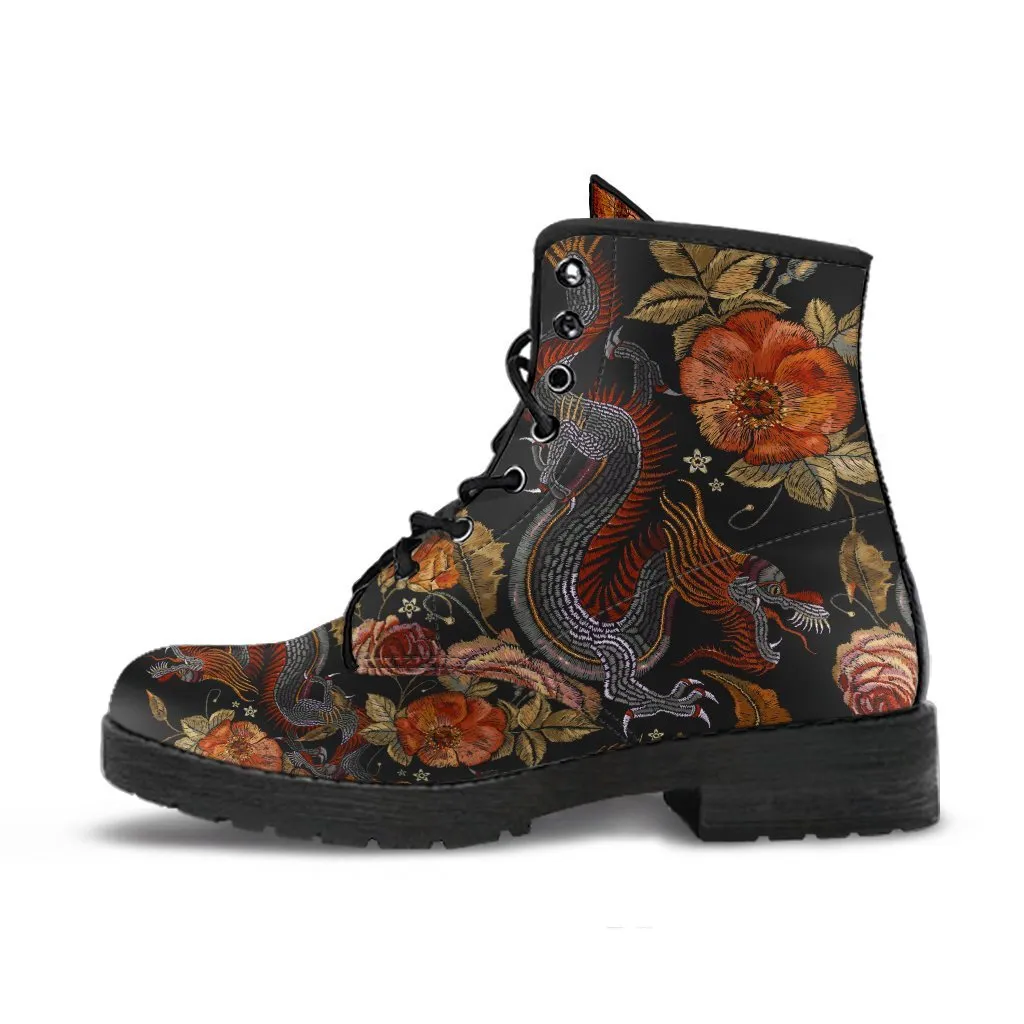 Combat Boots - Dragon & Flowers | Boho Shoes, Handmade Lace Up Boots, Vegan Leather Lace Up Boots, 90s Boots, 2000s Boots