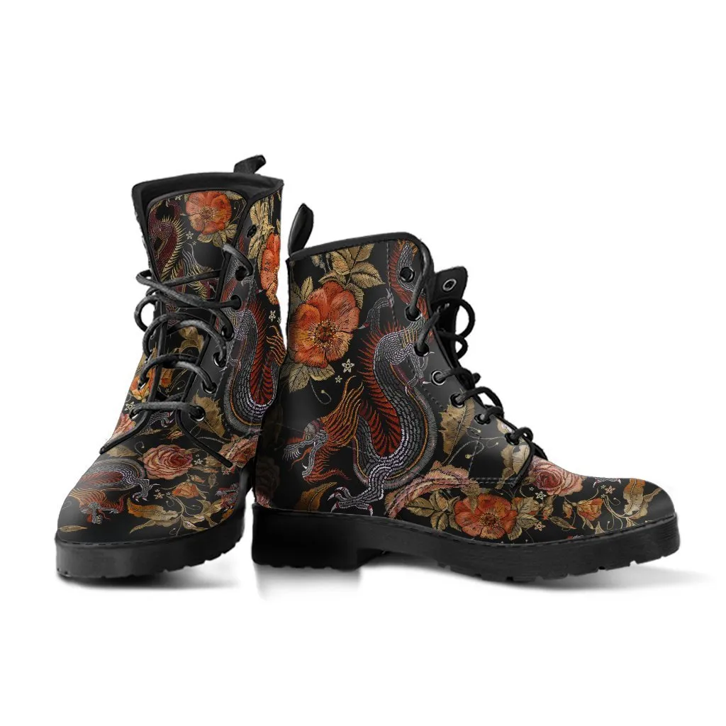 Combat Boots - Dragon & Flowers | Boho Shoes, Handmade Lace Up Boots, Vegan Leather Lace Up Boots, 90s Boots, 2000s Boots