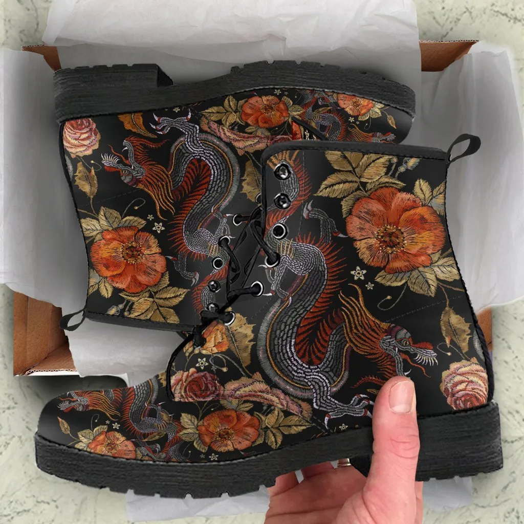 Combat Boots - Dragon & Flowers | Boho Shoes, Handmade Lace Up Boots, Vegan Leather Lace Up Boots, 90s Boots, 2000s Boots