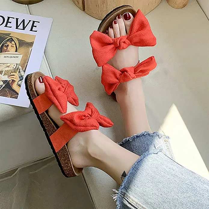 Coral Orange Bow Knot Suede Leather Soft Cork Slip On Sandals