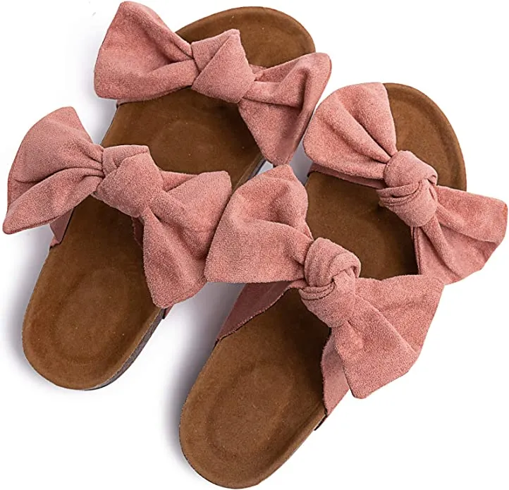 Coral Orange Bow Knot Suede Leather Soft Cork Slip On Sandals