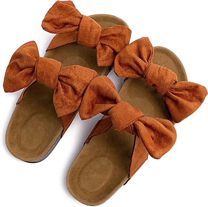 Coral Orange Bow Knot Suede Leather Soft Cork Slip On Sandals