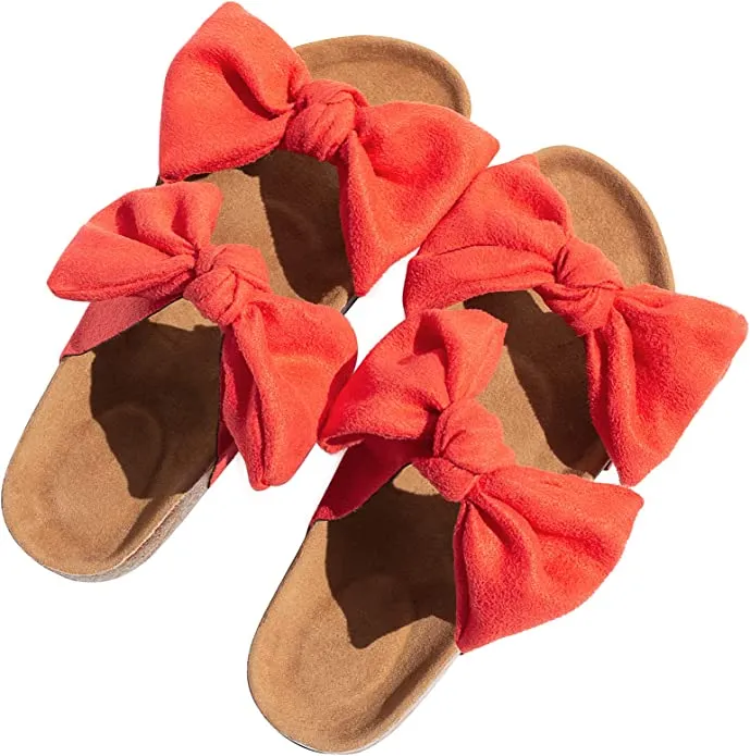 Coral Orange Bow Knot Suede Leather Soft Cork Slip On Sandals
