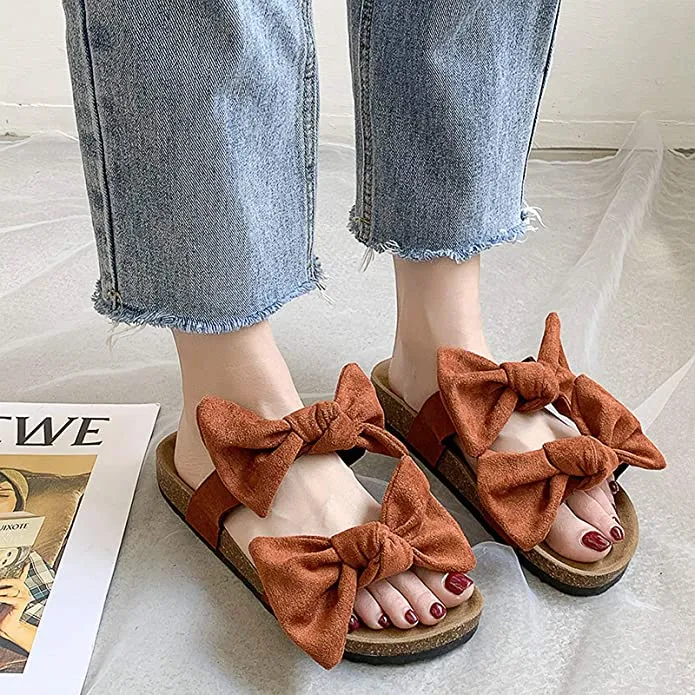 Coral Orange Bow Knot Suede Leather Soft Cork Slip On Sandals