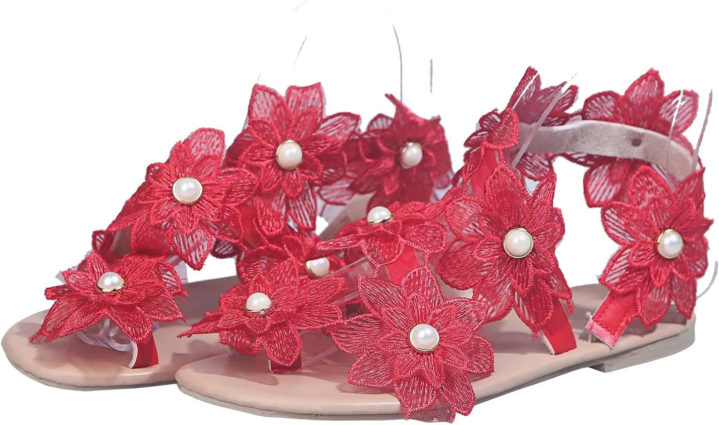 Eduavar Sandalias para Mujer, Women's Sandals Summer Beach Sandals Women Cute Floral Lace Flat Open Toe Sandals