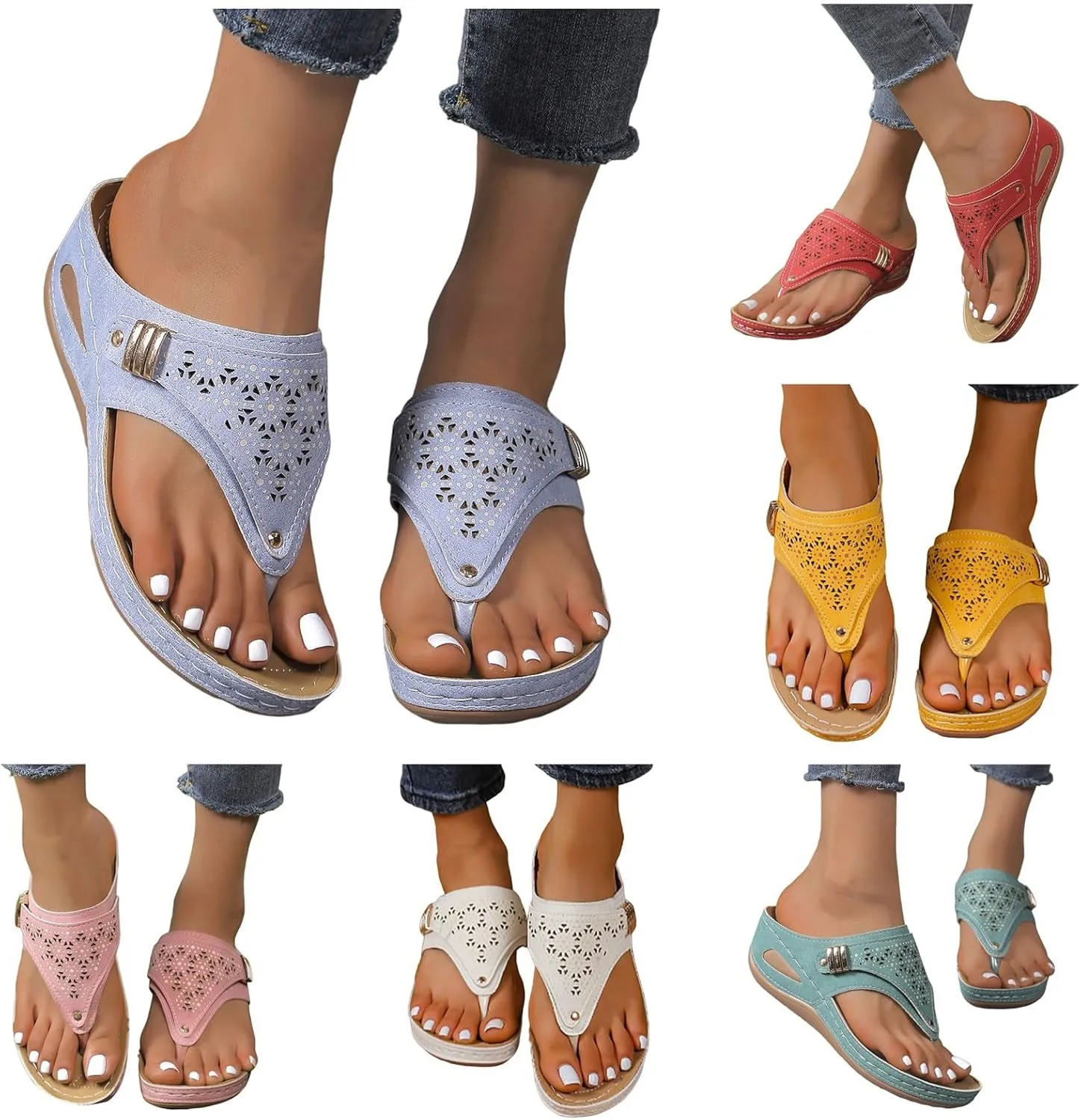 Flip Flops for Women with Arch Support Orthopedic Sandals Comfortable Walking Thong Sandals 3D Hollow Flower Wedge Sandals for Women Casual Slippers Slip On Platform Sandals Dressy Summer Beach Shoes