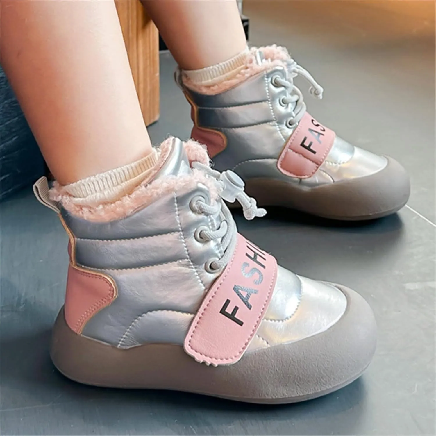 Girls Boys Furry Plush Snow Boots Water-Proof Outdoor Warm Cozy Anti-Slip Mid Calf Faux Fr Lined Winter Shoes