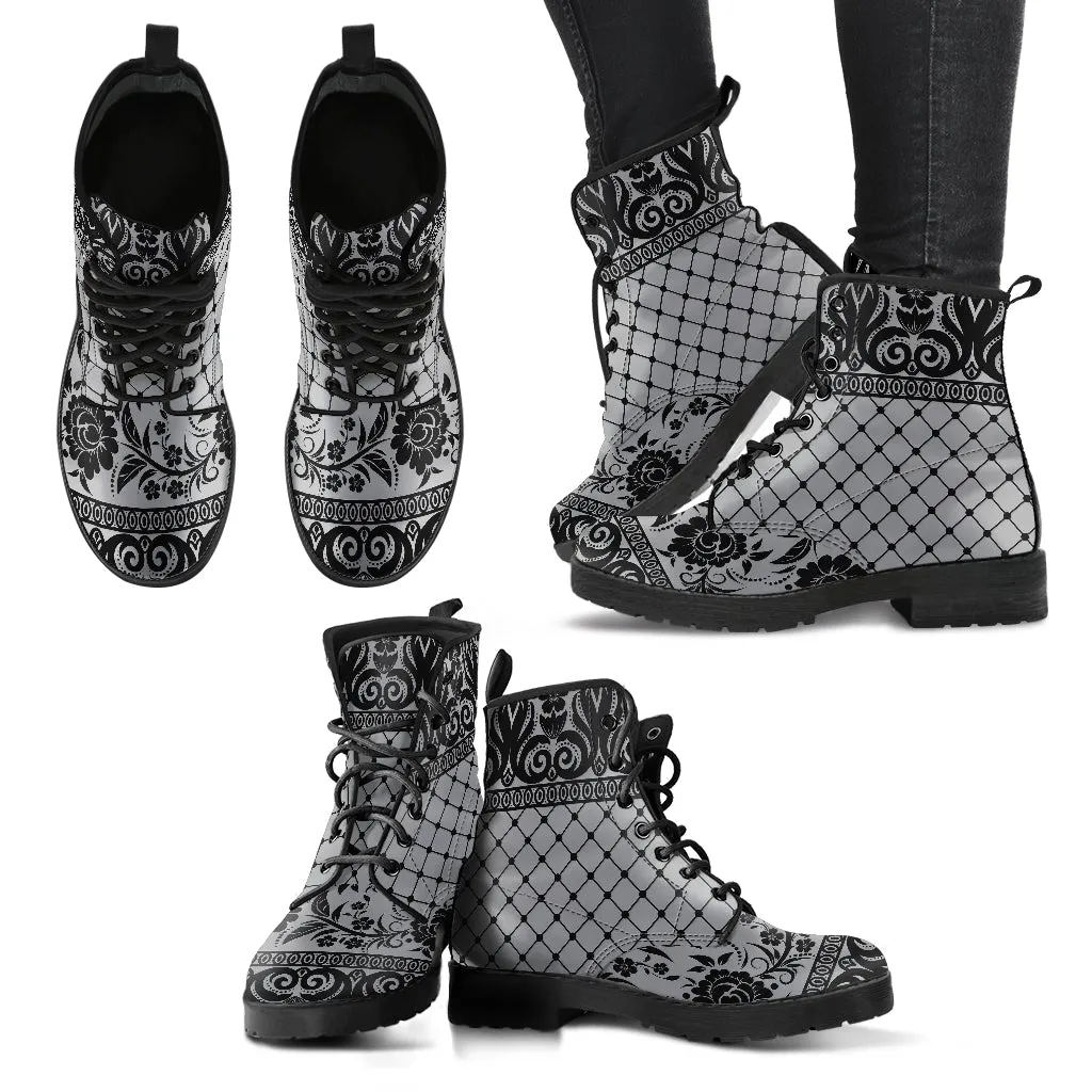 Gray Combat Boots-Gothic Lace Print 110