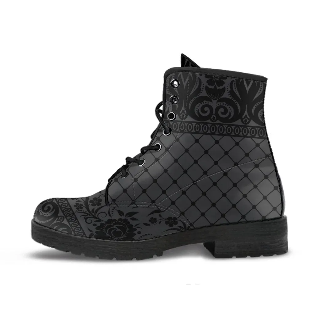 Gray Combat Boots-Gothic Lace Print 110