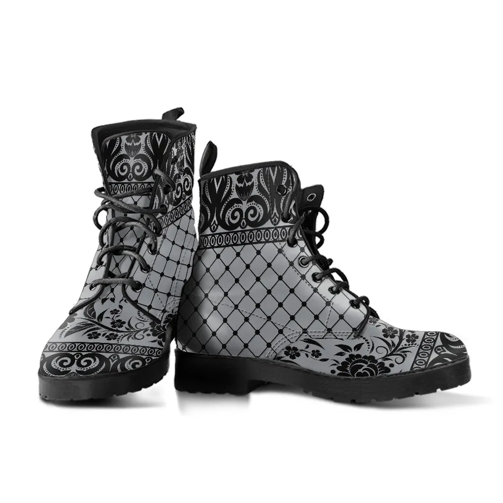 Gray Combat Boots-Gothic Lace Print 110