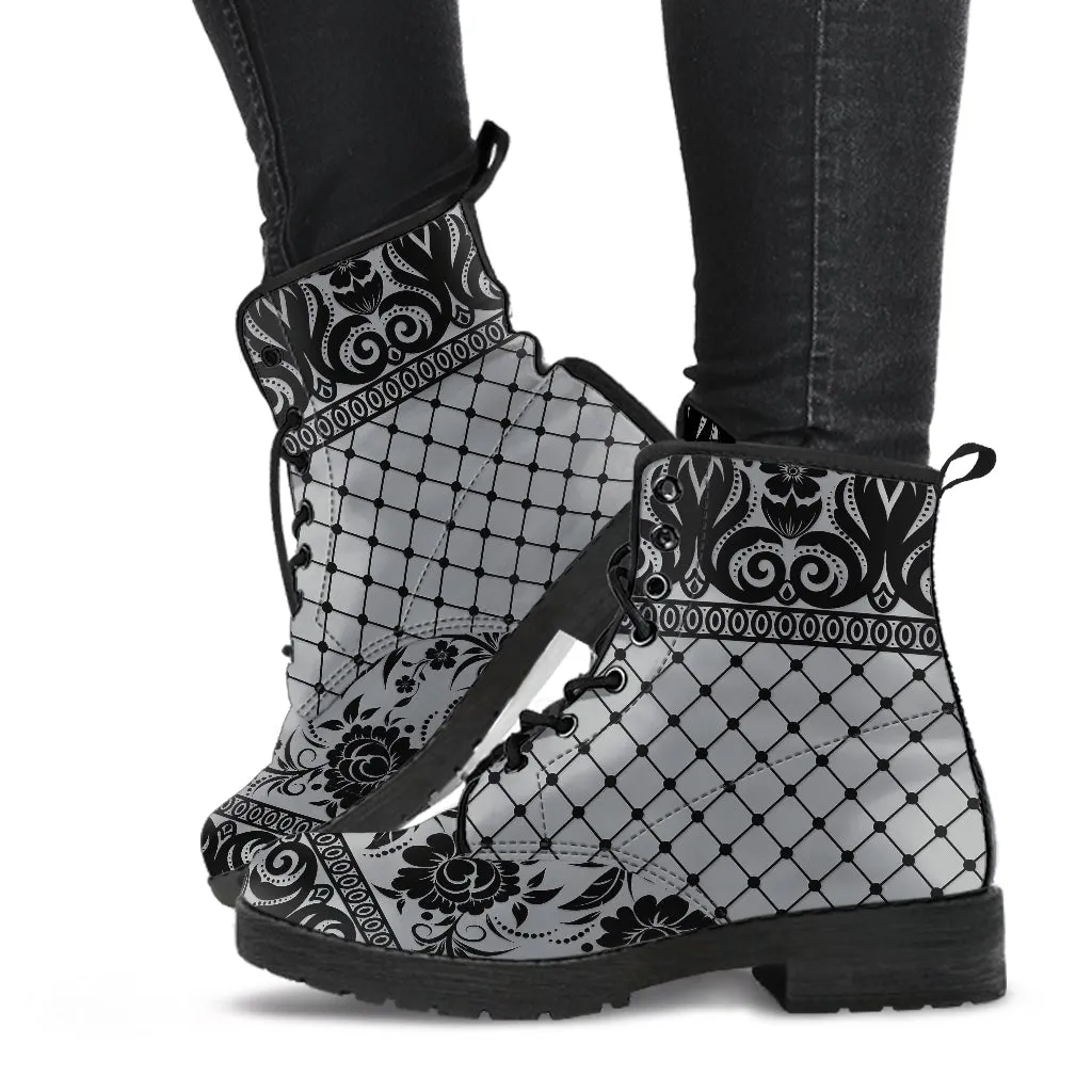 Gray Combat Boots-Gothic Lace Print 110