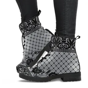 Gray Combat Boots-Gothic Lace Print 110