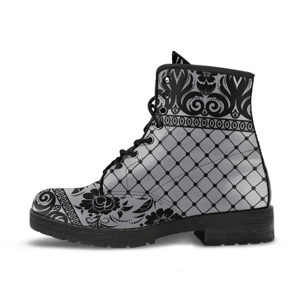 Gray Combat Boots-Gothic Lace Print 110