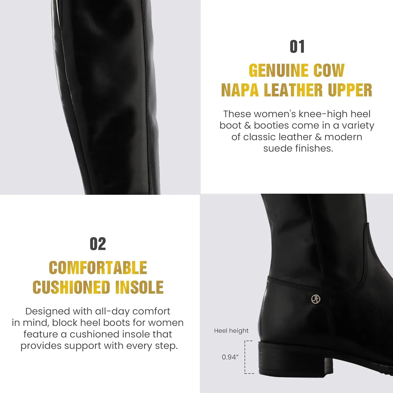 JATAREA Women's Leather Knee-High Boots - Stylish Block Heel - Comfortable Bootie for Females - Cushioned Insole for Comfort - Durable and Versatile Design