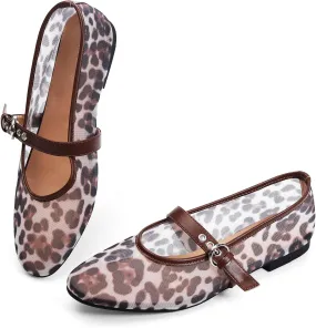 Leopard Flats for Women Mesh Ballet Flats Mary Jane Animal Print Shoes Slip On Casual Breathable Ballerina Flats