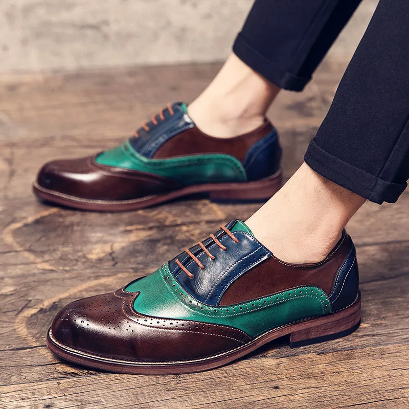 Men's color patchwork wing tip carved oxford shoes