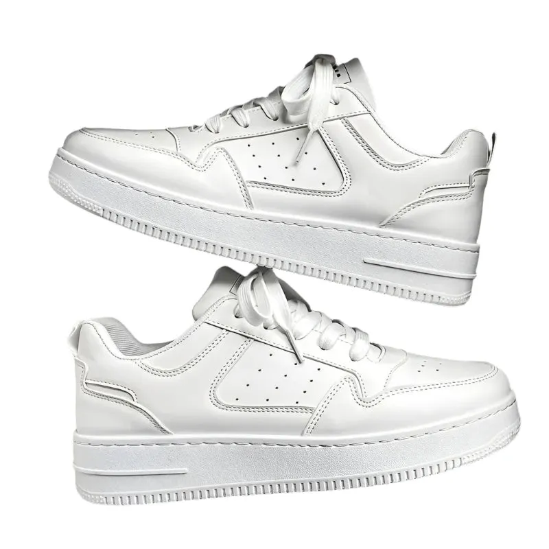 Men’s Fashion White Sneakers | Lace-Up Skateboard Shoes with Thick Sole | Versatile Vulcanized Footwear