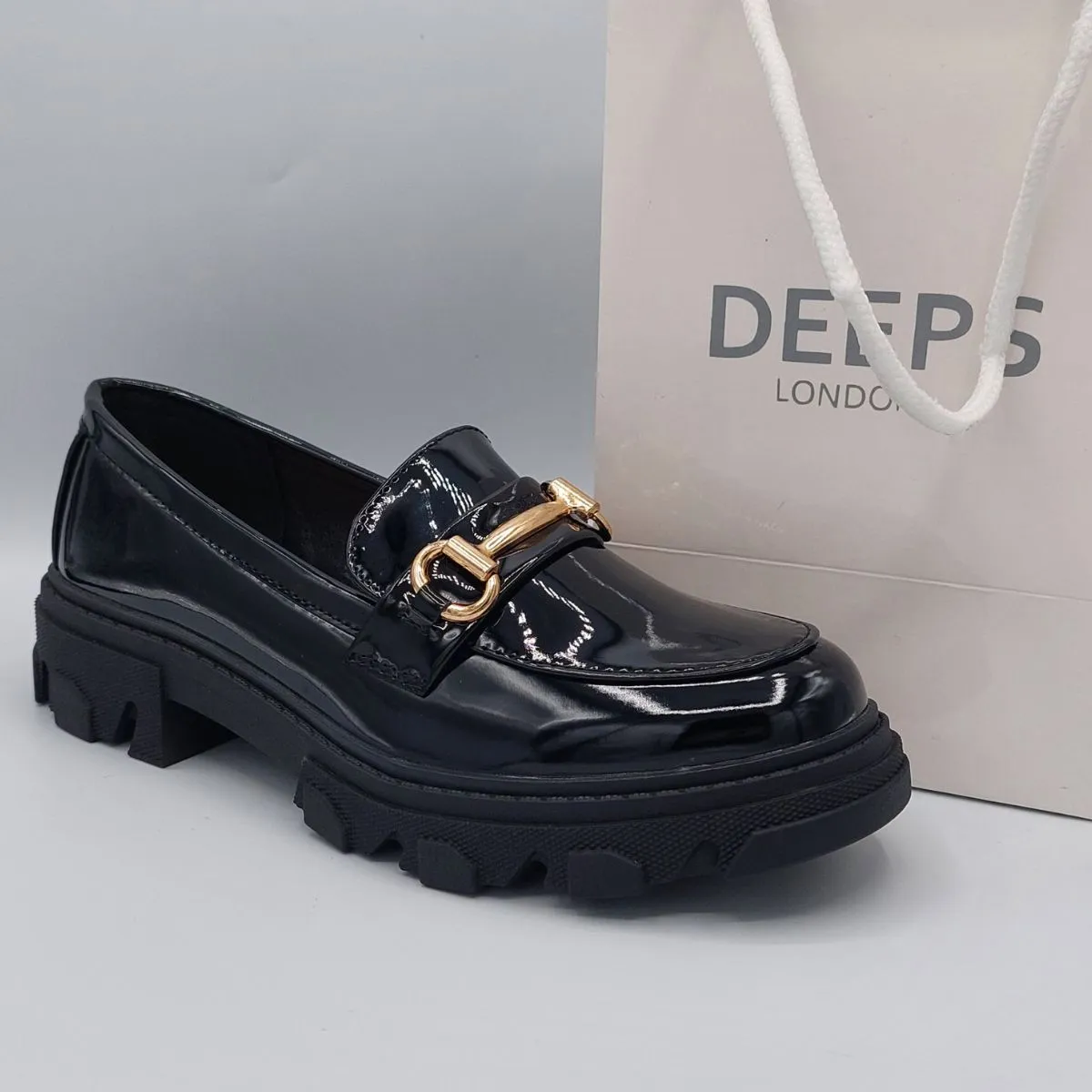 NINA BLACK PATENT T BAR FLAT LOAFER WITH CHUNKY PLATFORM