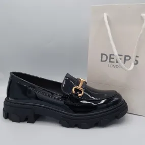 NINA BLACK PATENT T BAR FLAT LOAFER WITH CHUNKY PLATFORM