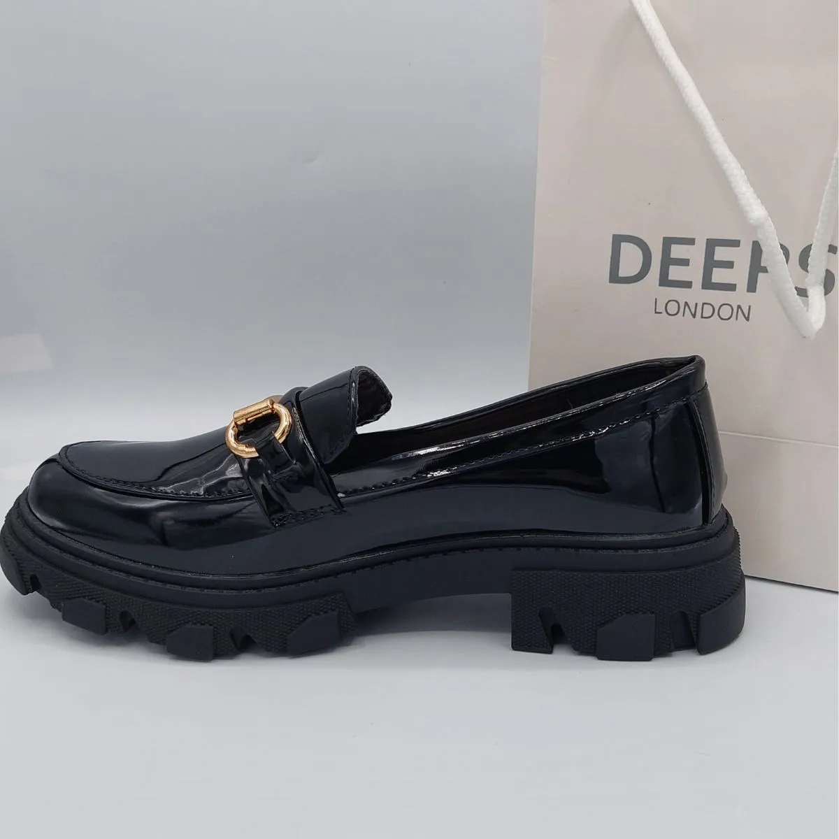 NINA BLACK PATENT T BAR FLAT LOAFER WITH CHUNKY PLATFORM