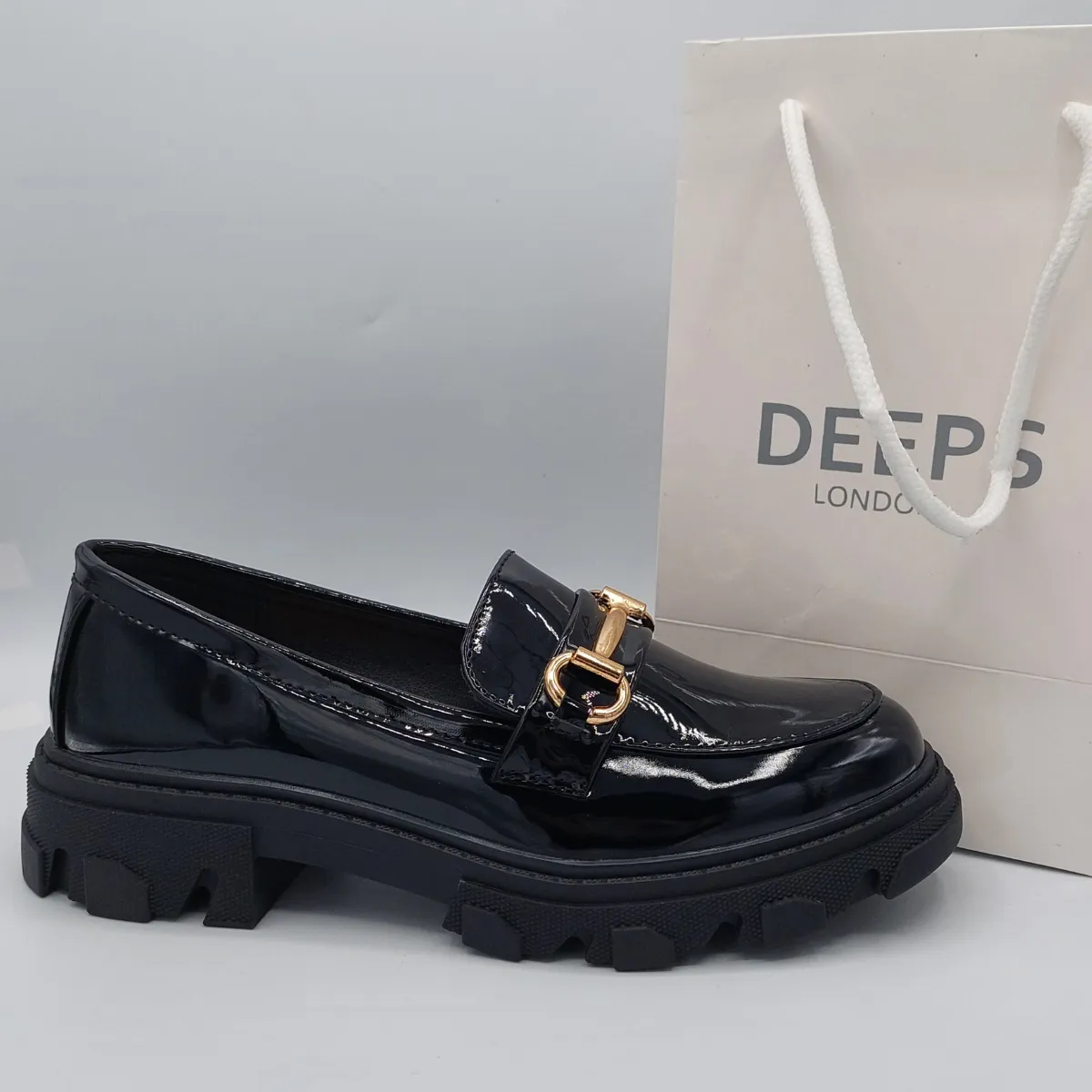 NINA BLACK PATENT T BAR FLAT LOAFER WITH CHUNKY PLATFORM