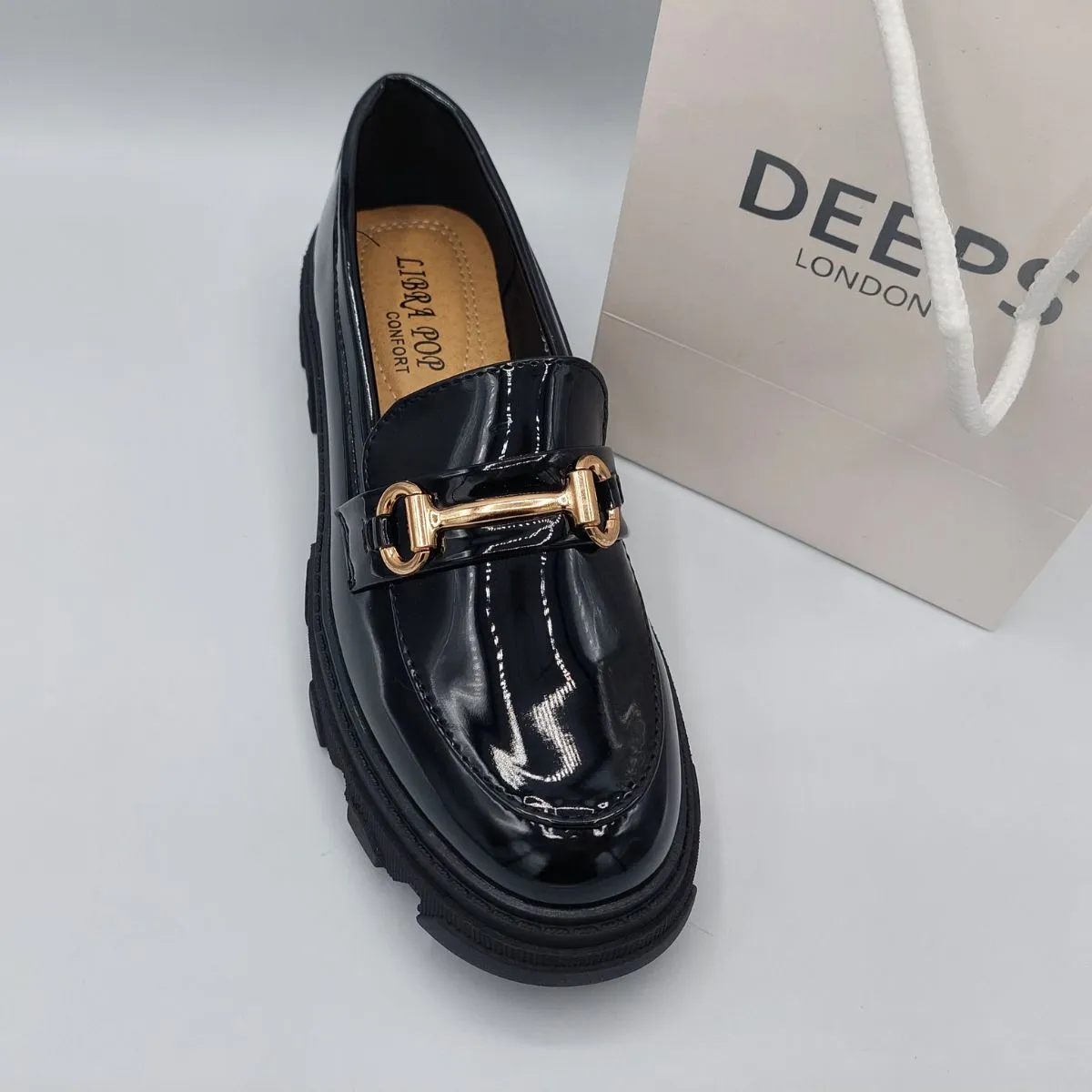 NINA BLACK PATENT T BAR FLAT LOAFER WITH CHUNKY PLATFORM