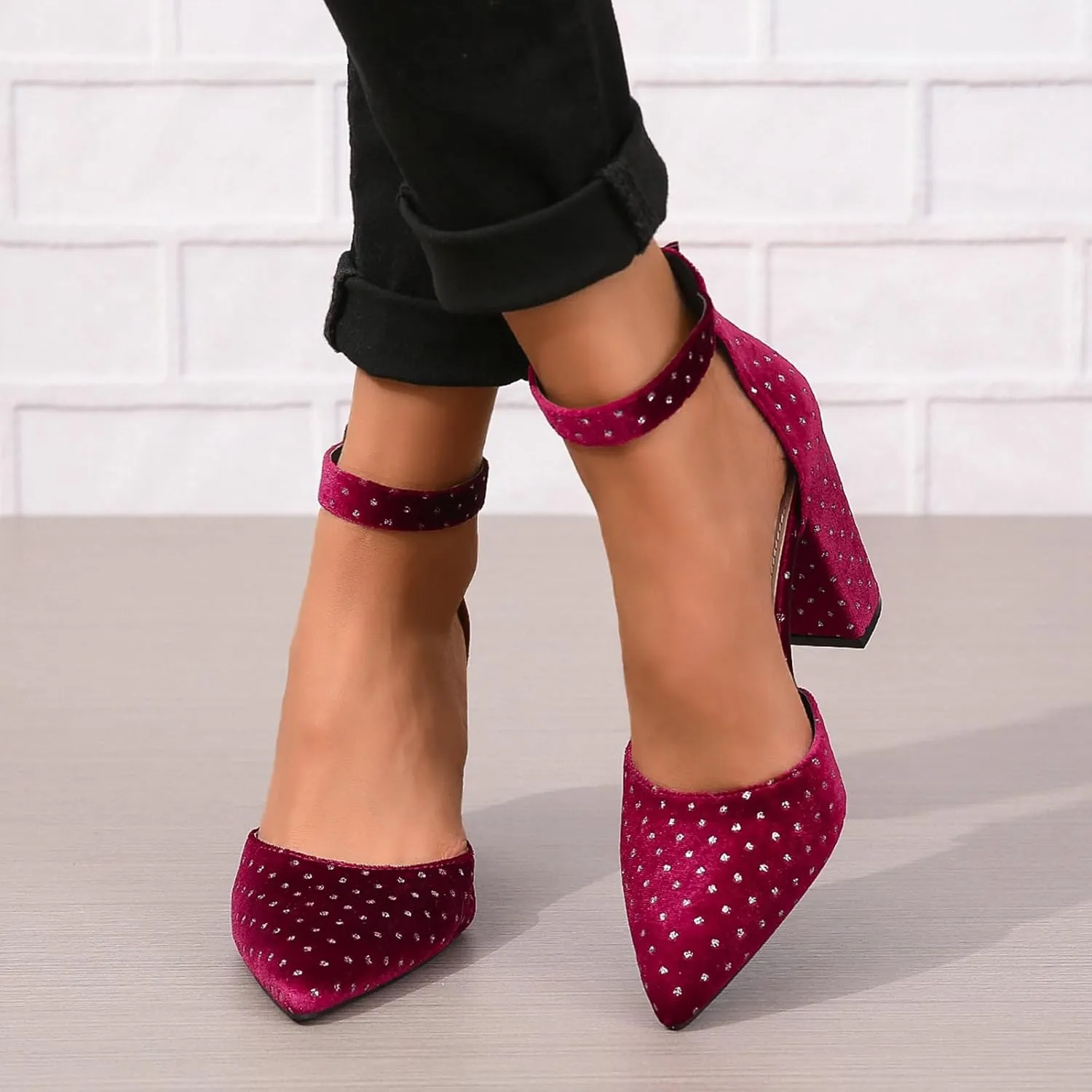 SACFOF Women's Pumps Shoes Summer Pointed Toe Chunky Heeled Ankle Strap Closed Toe Wedding Party Dress Sandals