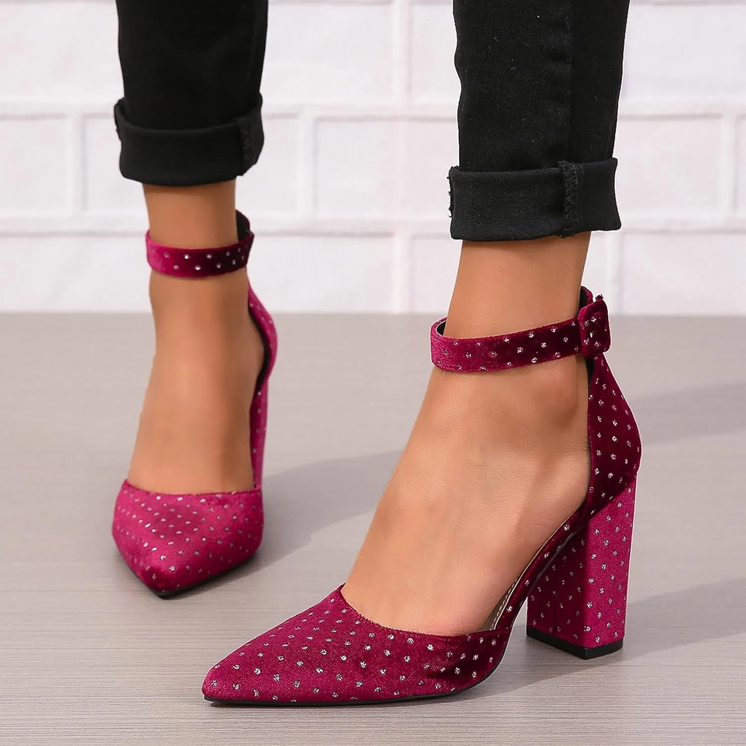 SACFOF Women's Pumps Shoes Summer Pointed Toe Chunky Heeled Ankle Strap Closed Toe Wedding Party Dress Sandals