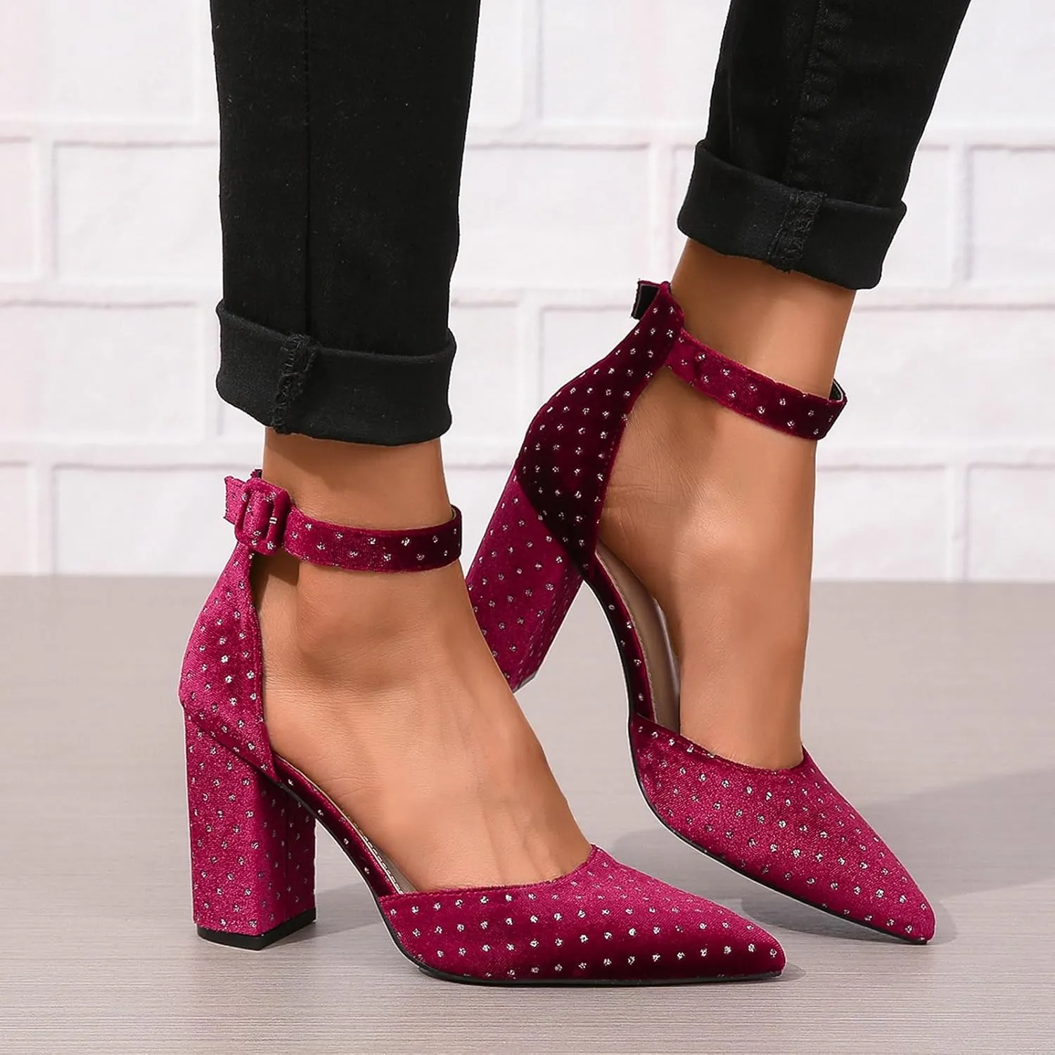 SACFOF Women's Pumps Shoes Summer Pointed Toe Chunky Heeled Ankle Strap Closed Toe Wedding Party Dress Sandals