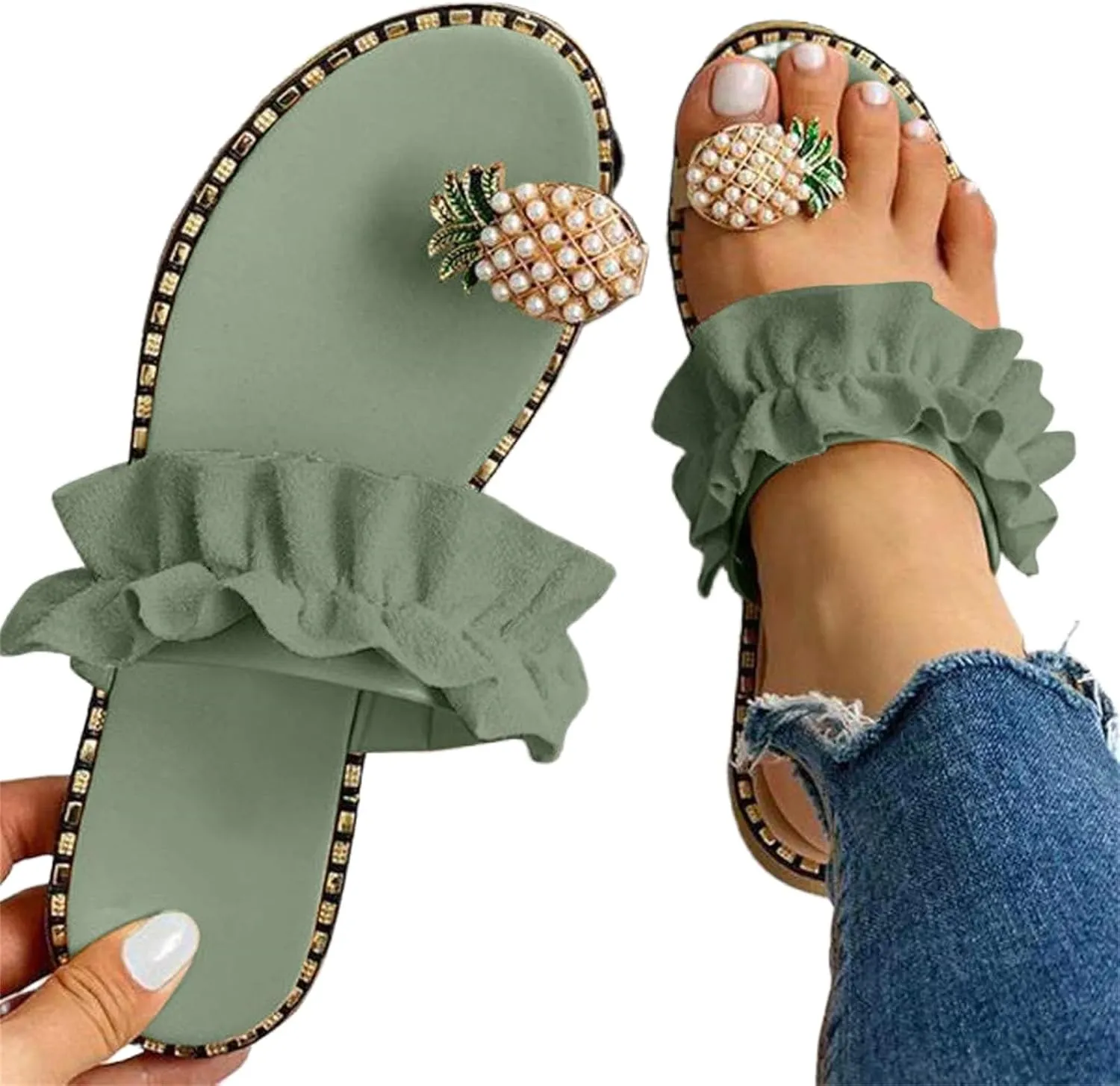 Sandals for Women Thong Bohemia Bling Rhinestone Pearl Flat Gladiator Pearls Clip Flip Flops, Sweet Cute Boho Casual Home Beach Ruffle Trim Ring Slip on Slippers Open Toe Dress Shoes