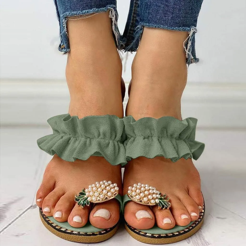 Sandals for Women Thong Bohemia Bling Rhinestone Pearl Flat Gladiator Pearls Clip Flip Flops, Sweet Cute Boho Casual Home Beach Ruffle Trim Ring Slip on Slippers Open Toe Dress Shoes