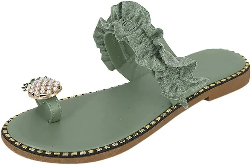 Sandals for Women Thong Bohemia Bling Rhinestone Pearl Flat Gladiator Pearls Clip Flip Flops, Sweet Cute Boho Casual Home Beach Ruffle Trim Ring Slip on Slippers Open Toe Dress Shoes