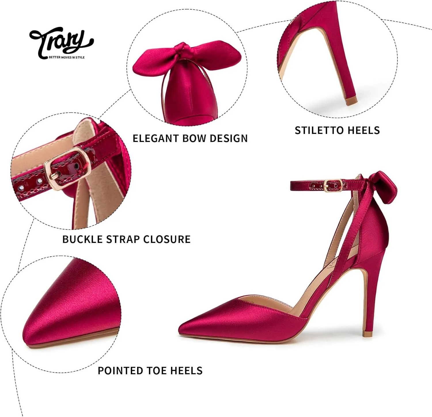 Trary Heels for Women Closed Pointed Toe Heels Women's Pumps Stiletto High Heels with Bow Knot Comfortable Ankle Strap Office Party Wedding Dress Shoes 3.74" Heels