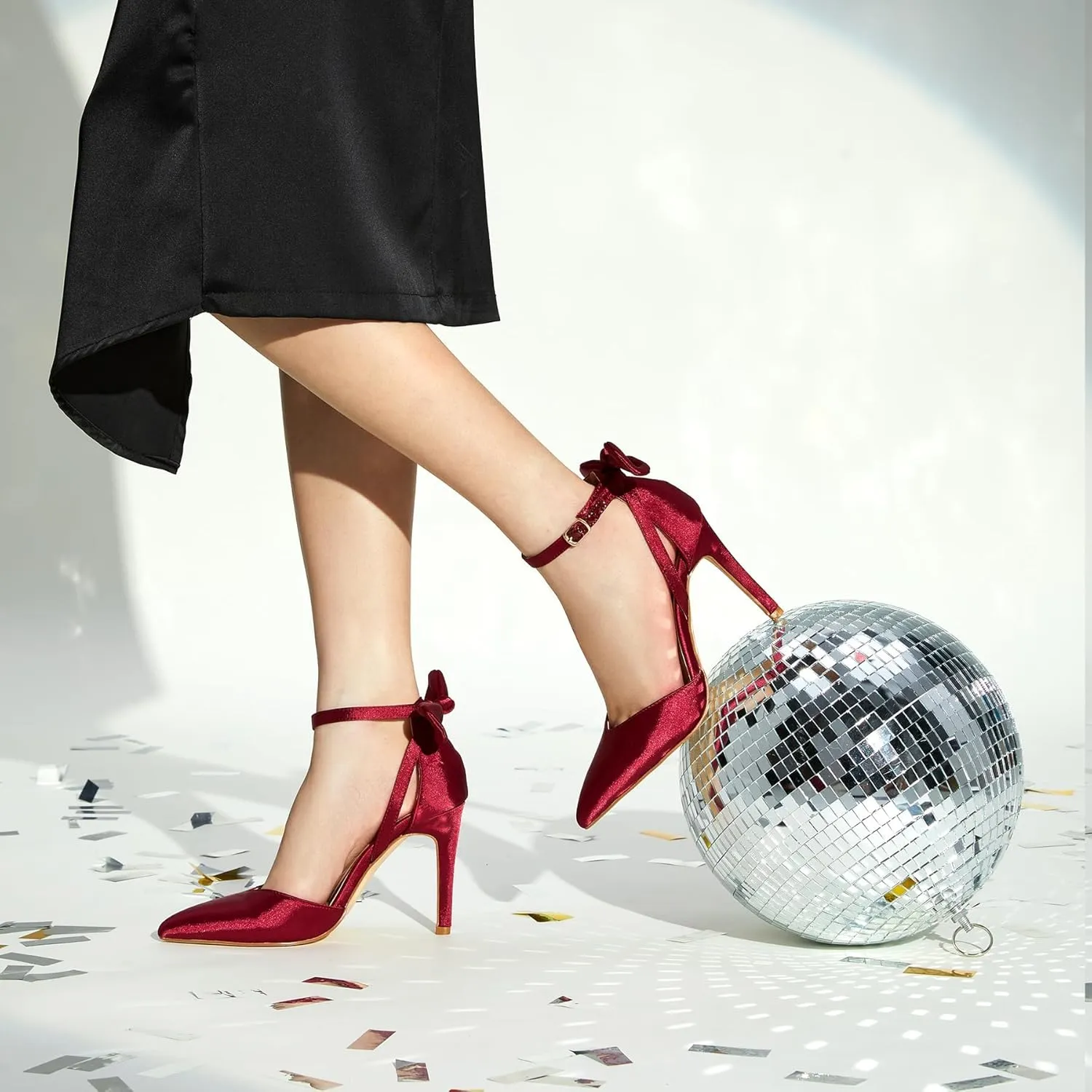 Trary Heels for Women Closed Pointed Toe Heels Women's Pumps Stiletto High Heels with Bow Knot Comfortable Ankle Strap Office Party Wedding Dress Shoes 3.74" Heels