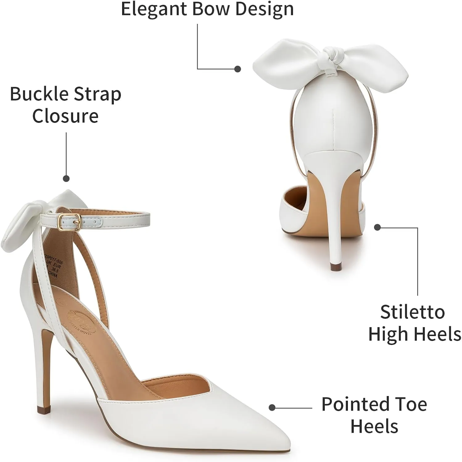 Trary Heels for Women Closed Pointed Toe Heels Women's Pumps Stiletto High Heels with Bow Knot Comfortable Ankle Strap Office Party Wedding Dress Shoes 3.74" Heels