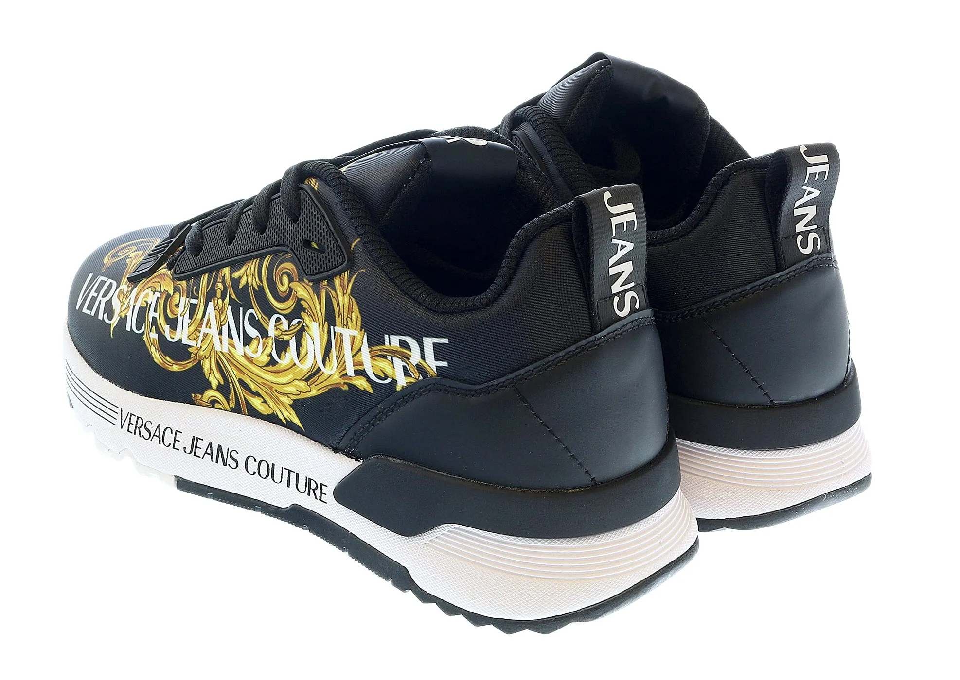 Versace Jeans Couture Black Gold Baroque Detail Lace Up Fashion Sneakers-