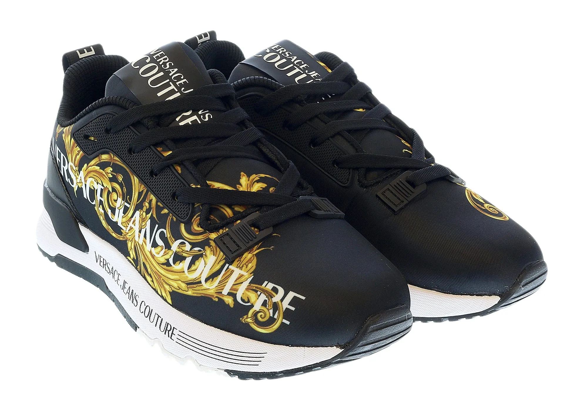 Versace Jeans Couture Black Gold Baroque Detail Lace Up Fashion Sneakers-