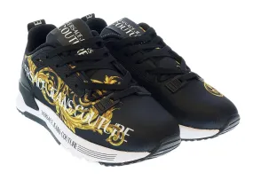 Versace Jeans Couture Black Gold Baroque Detail Lace Up Fashion Sneakers-