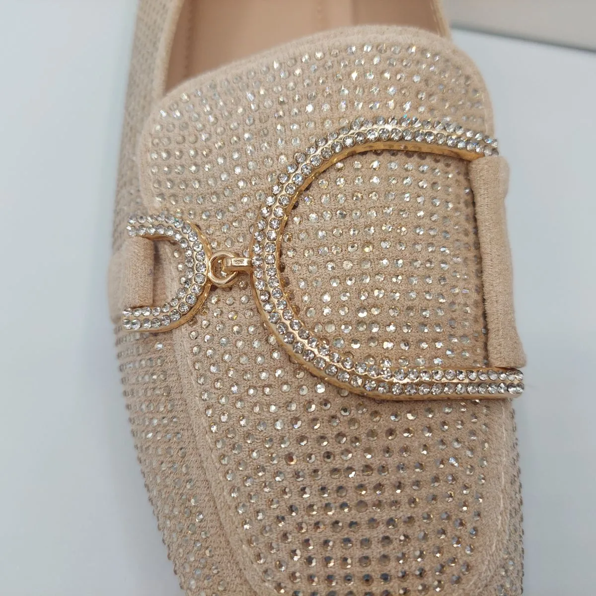 VEX WOMEN'S DIAMANTE GLITTER LOAFERS FLATS WITH GOLD METAL DECOR